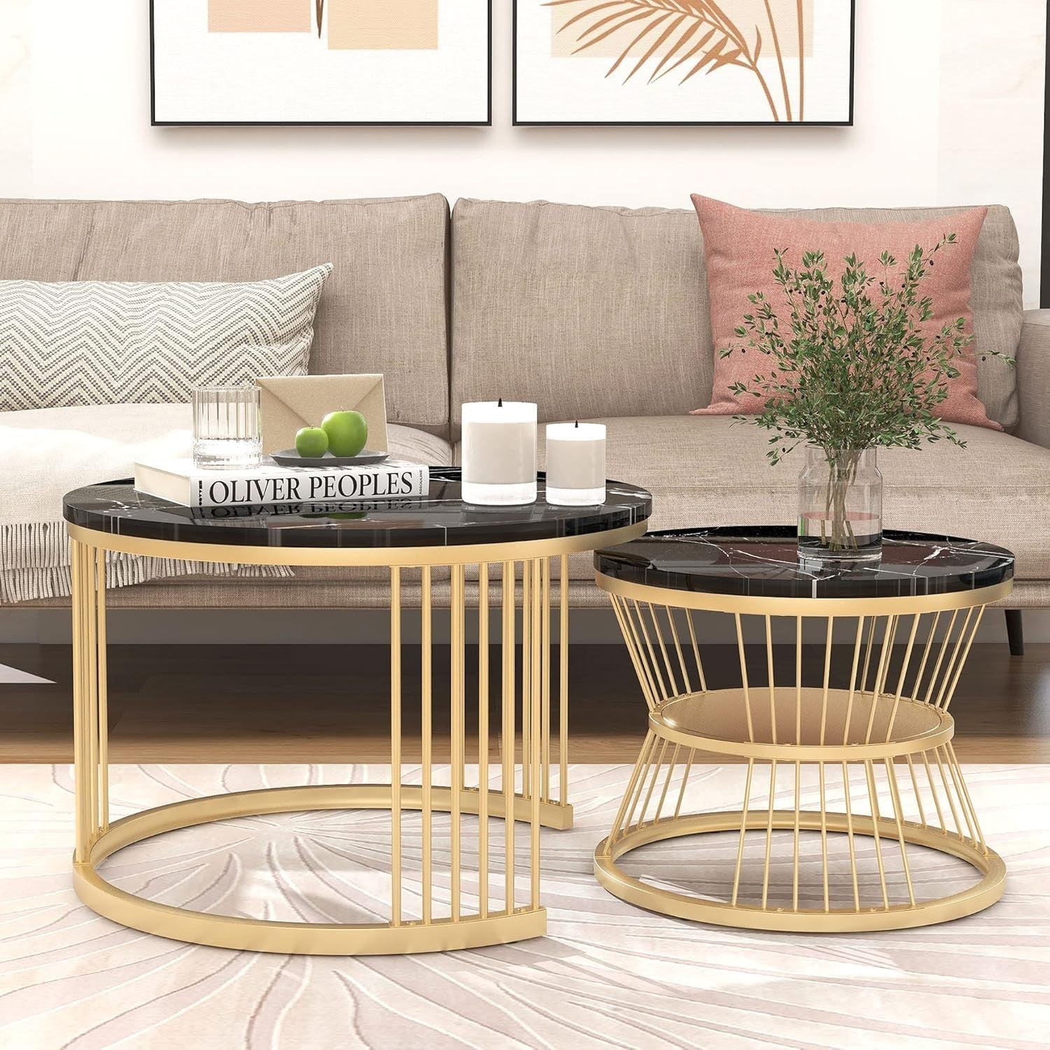 Round Coffee Table Set Nested Faux Marble Black Adjustable Height Living Room