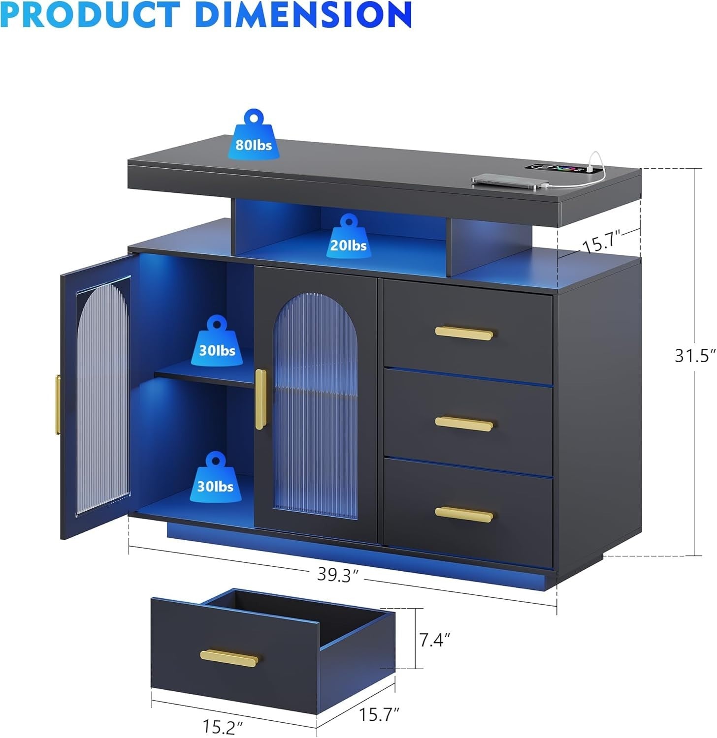 Wireless Charging Black  Buffet Cabinet with RGB LED Light & 3 Drawer Storage