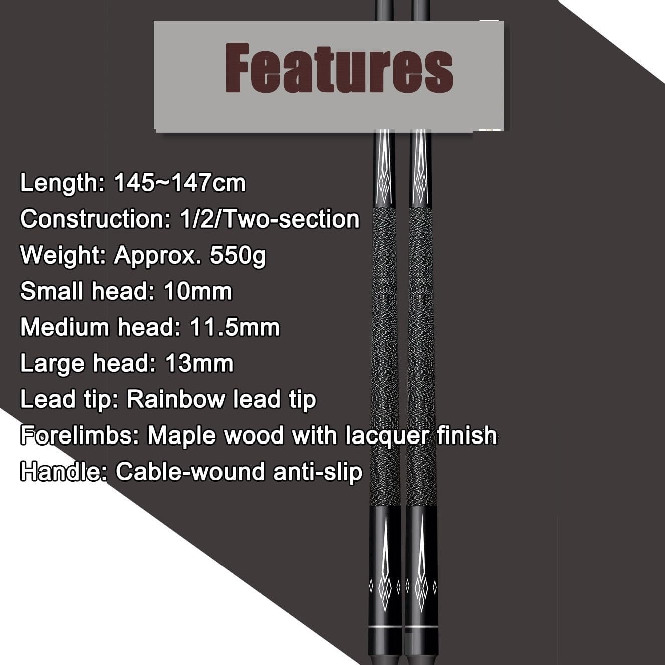 147cm Carbon Maple Pool Cue 13mm Tip Pro Balance 2pc 19–20oz