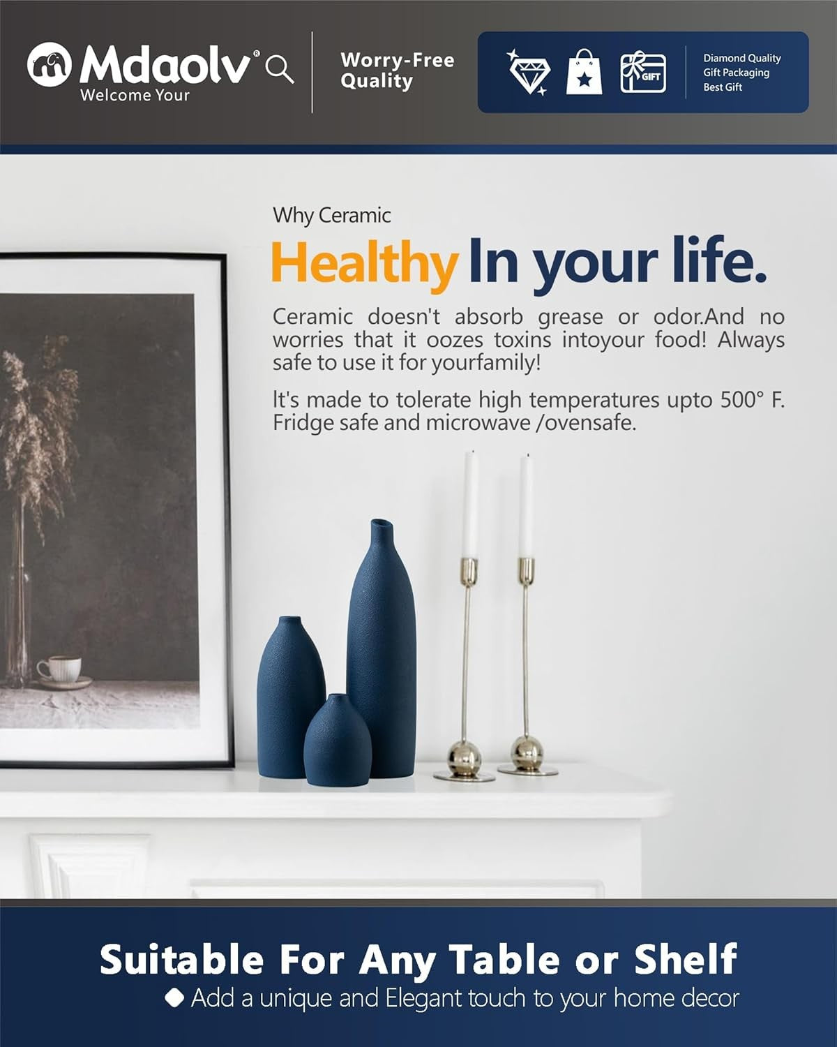 Matte Blue Ceramic Vase Set Modern Coastal Home Décor Table Shelf Display