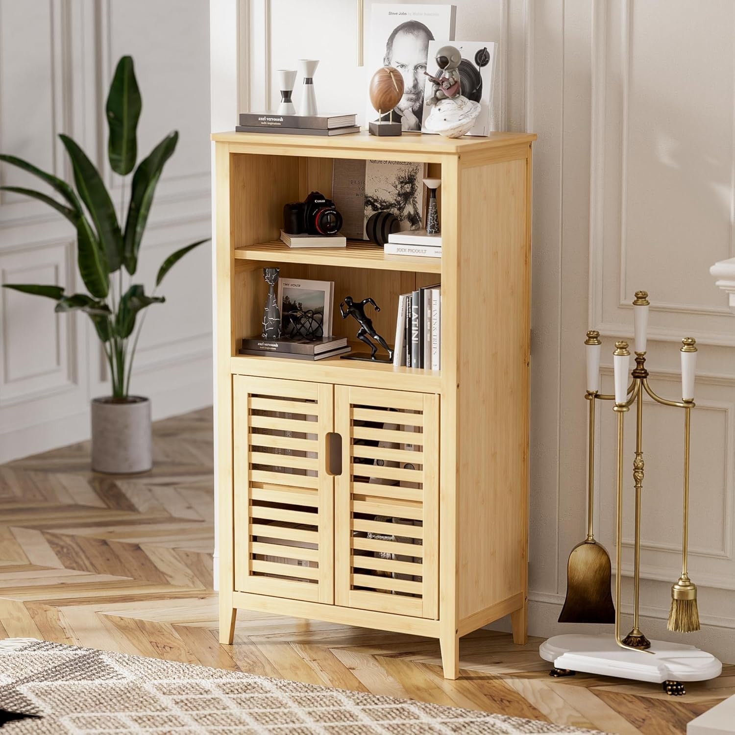 Natural Bamboo Floor Cabinet with Shutter Doors Adjustable Shelves