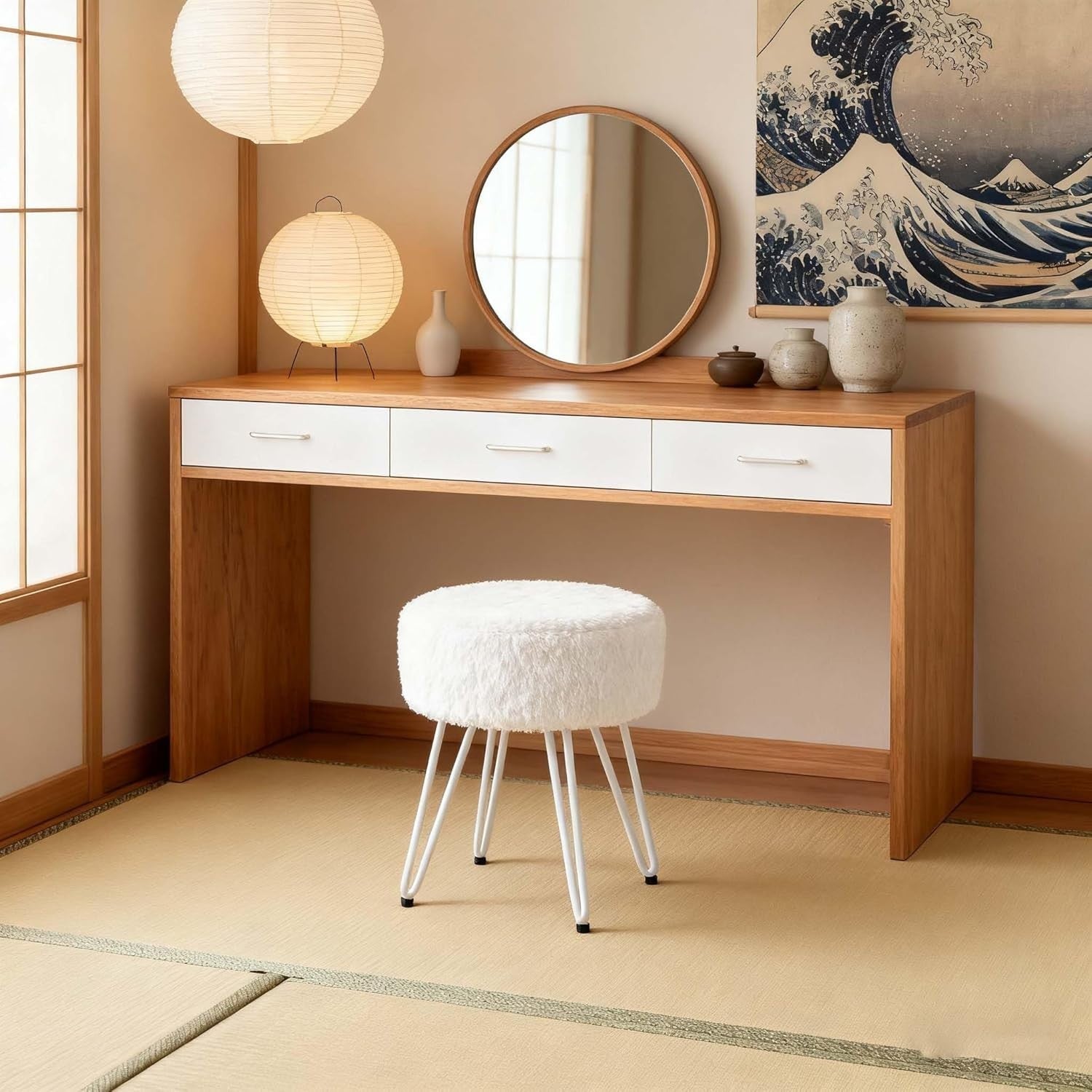 White Plush Round Vanity Stool with Metal Legs – Soft Padded Dressing Chair