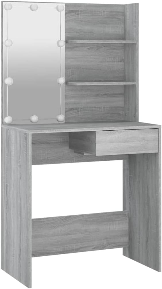 Grey Vanity Dressing Table w/ LED Light & USB Port Mirror Stool Storage Wood