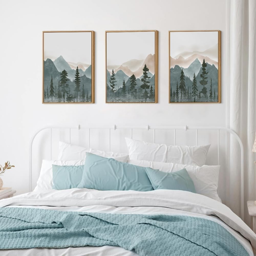 Mountain Forest Framed Canvas Wall Art Set 3 Nature Landscape Home Decor