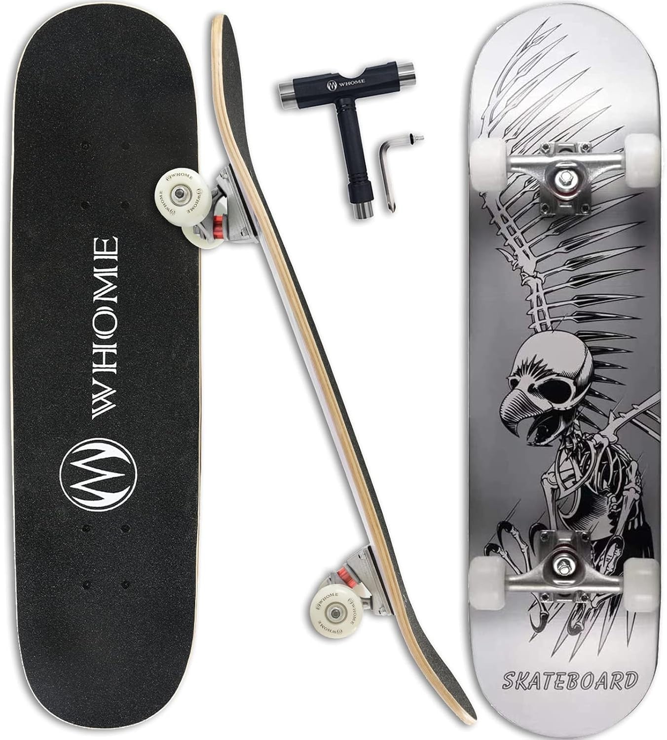 Complete Skateboard 31"x8" Silver Skull Maple Deck ABEC-9 Bearings