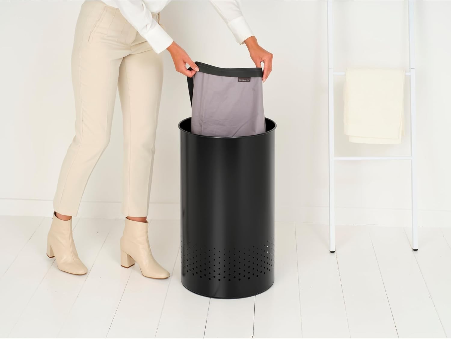 60L Matt Black Laundry Bin with Lid & Quick-Drop Opening Removable Cotton Bag