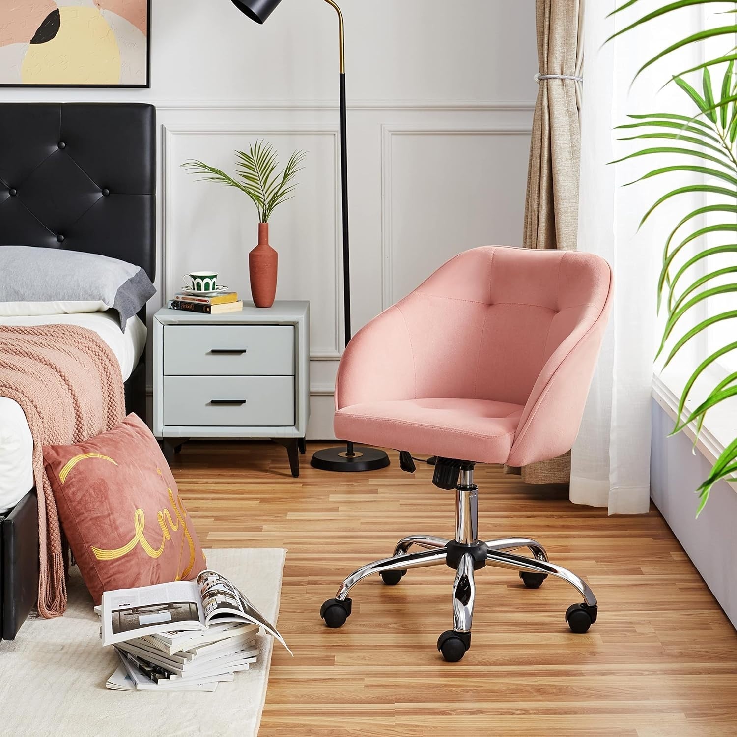 Pink Velvet Desk Chair Home Office Swivel Adjustable Height Back Support