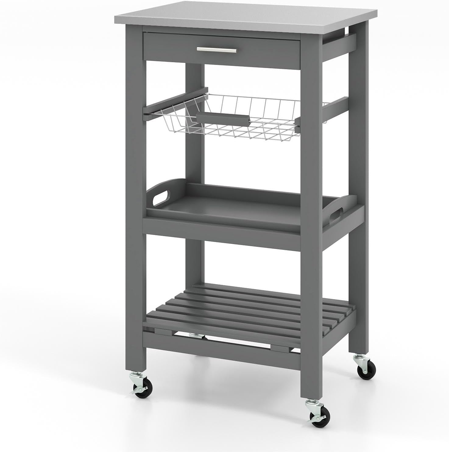 Kitchen Trolley Rolling Island Cart Stainless Steel Top Storage Shelves Grey