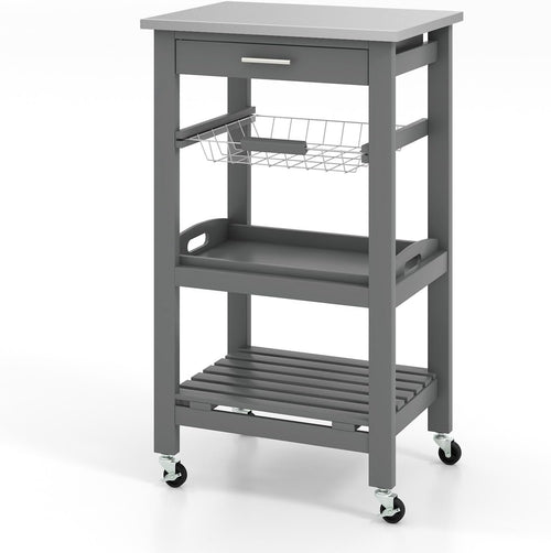 Kitchen Trolley Rolling Island Cart Stainless Steel Top Storage Shelves Grey