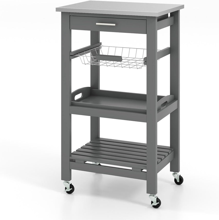 Kitchen Trolley Rolling Island Cart Stainless Steel Top Storage Shelves Grey