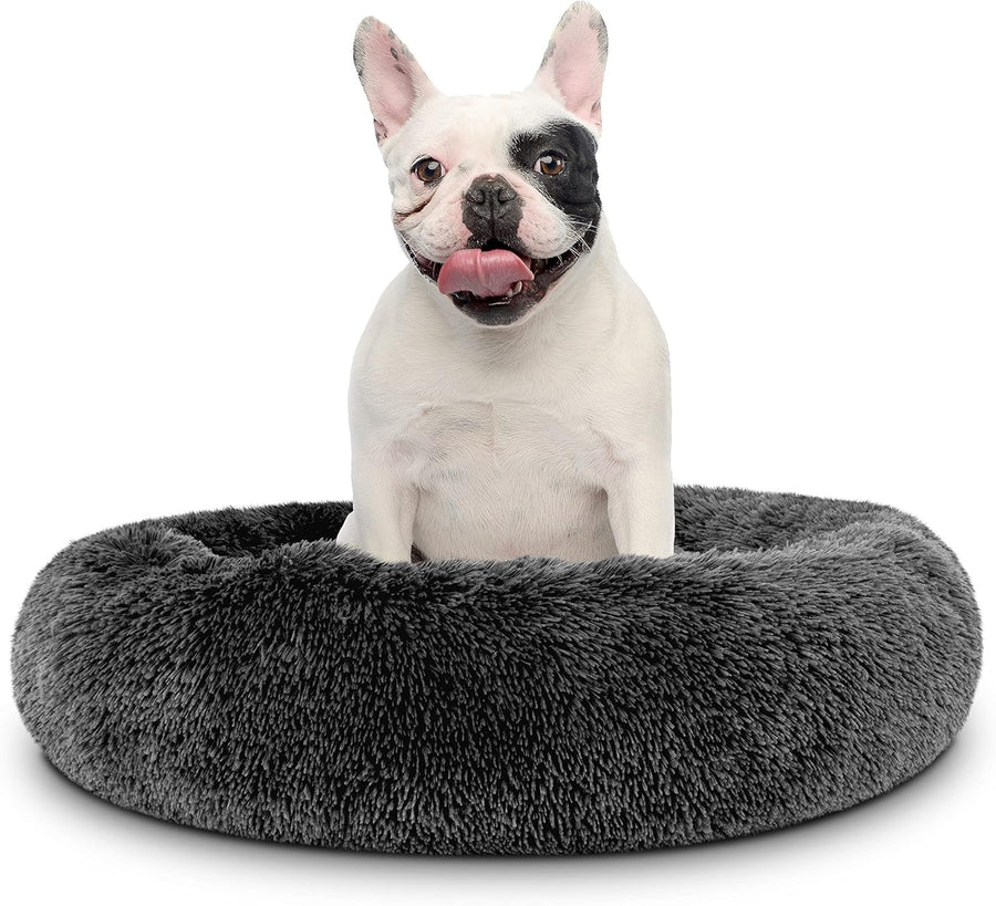 Medium Plush Donut Dog Bed 76cm Calming Round Nest Grey