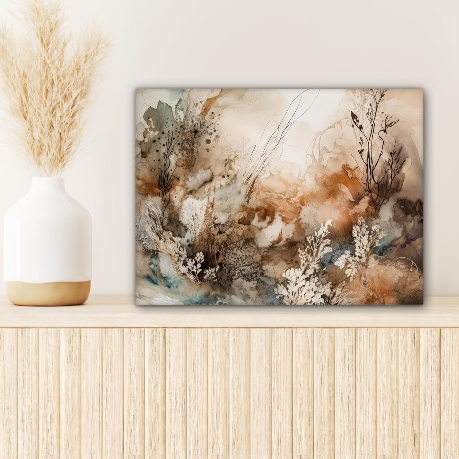 Abstract Floral Canvas Wall Art 40x30cm Framed Beige Print