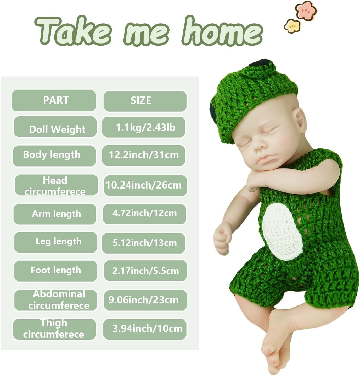 12” Mini Silicone Newborn Doll Full Body Sleeping Lifelike Ivory