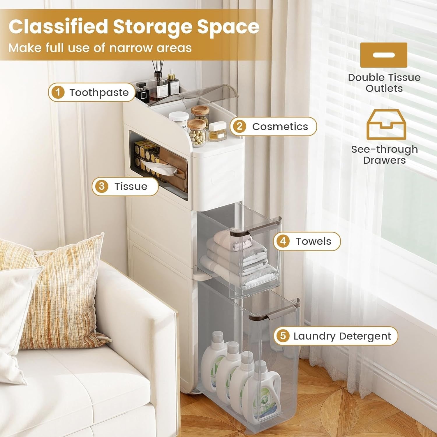 Slim Bathroom Storage Cabinet Rolling Organizer with Drawers White