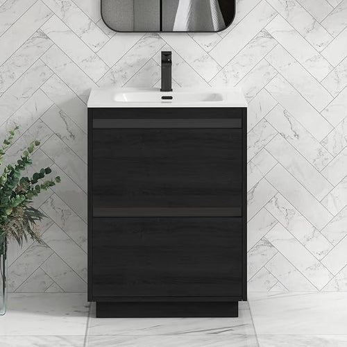 600mm Black Floor Standing Vanity Unit with Basin Sink 2 Drawer Bathroom Cabinet