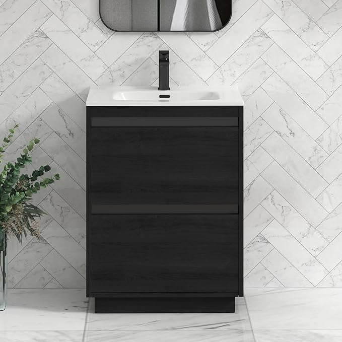 600mm Black Floor Standing Vanity Unit with Basin Sink 2 Drawer Bathroom Cabinet