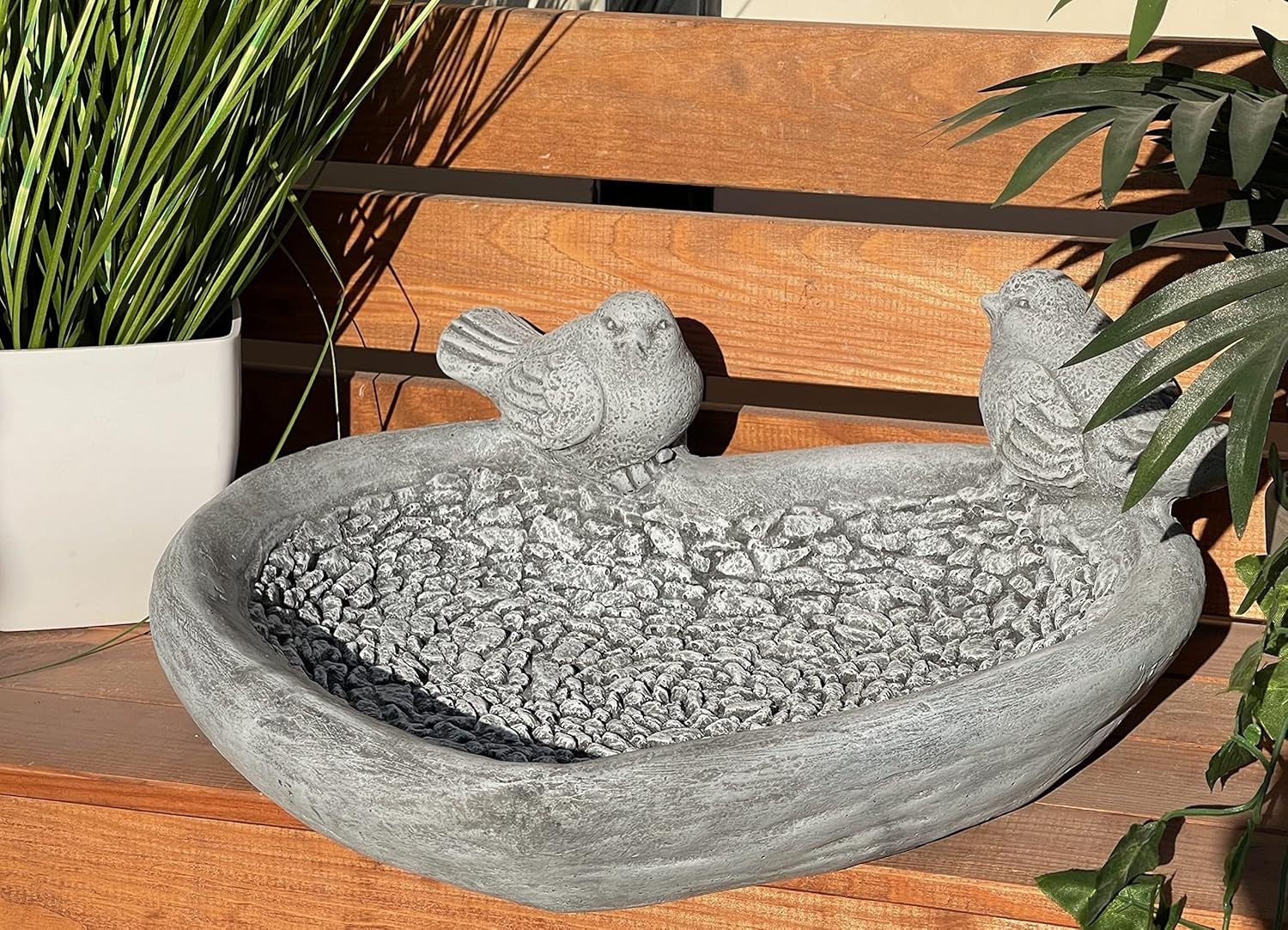 XL Stone Bird Bath 34cm | Frost-Proof Garden Bowl with 2 Birds Design
