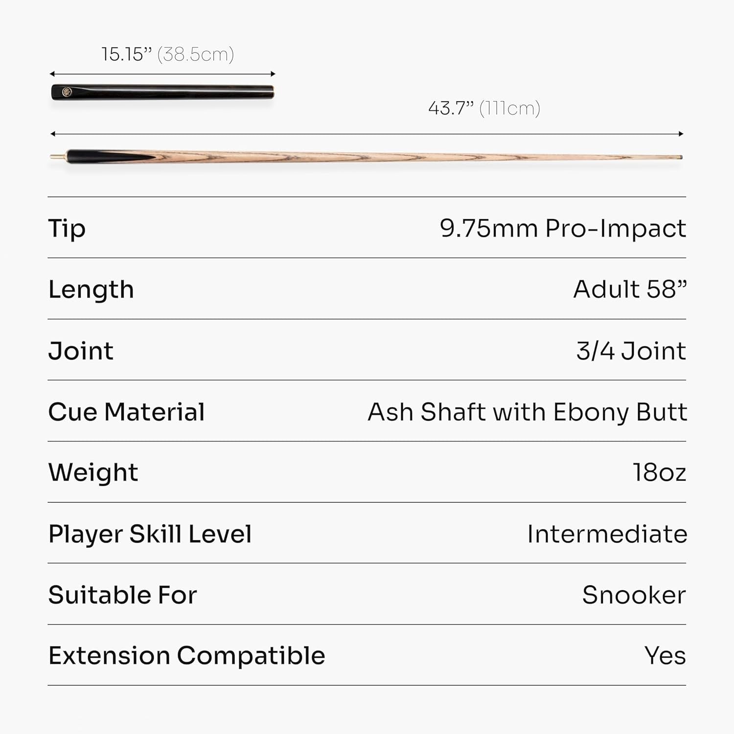 58in 3/4 Joint Snooker Cue Ebony Butt Ash Shaft 9.75mm Pro Tip