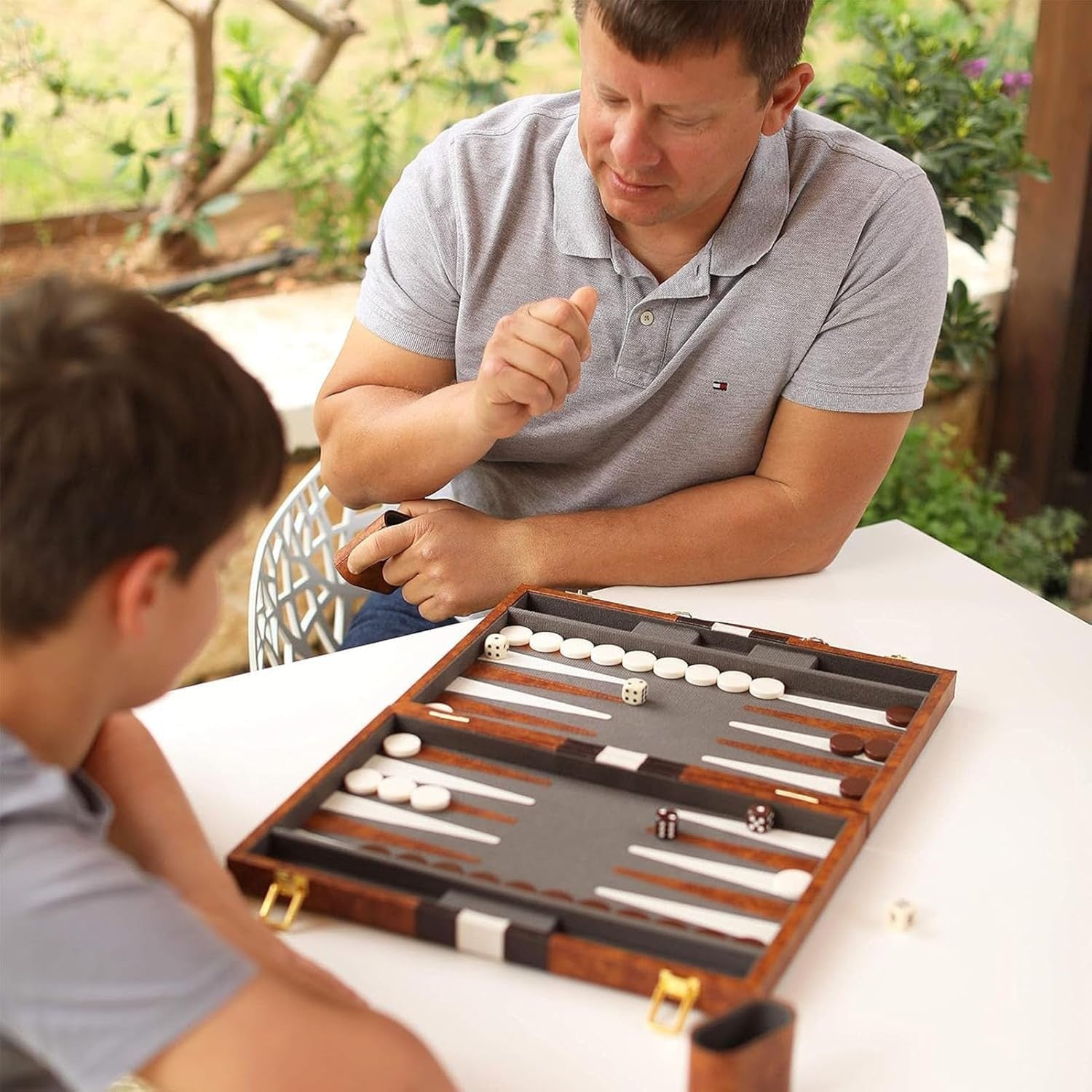 Luxury Backgammon Set 15 Inch Wooden Travel Board with Leather Case