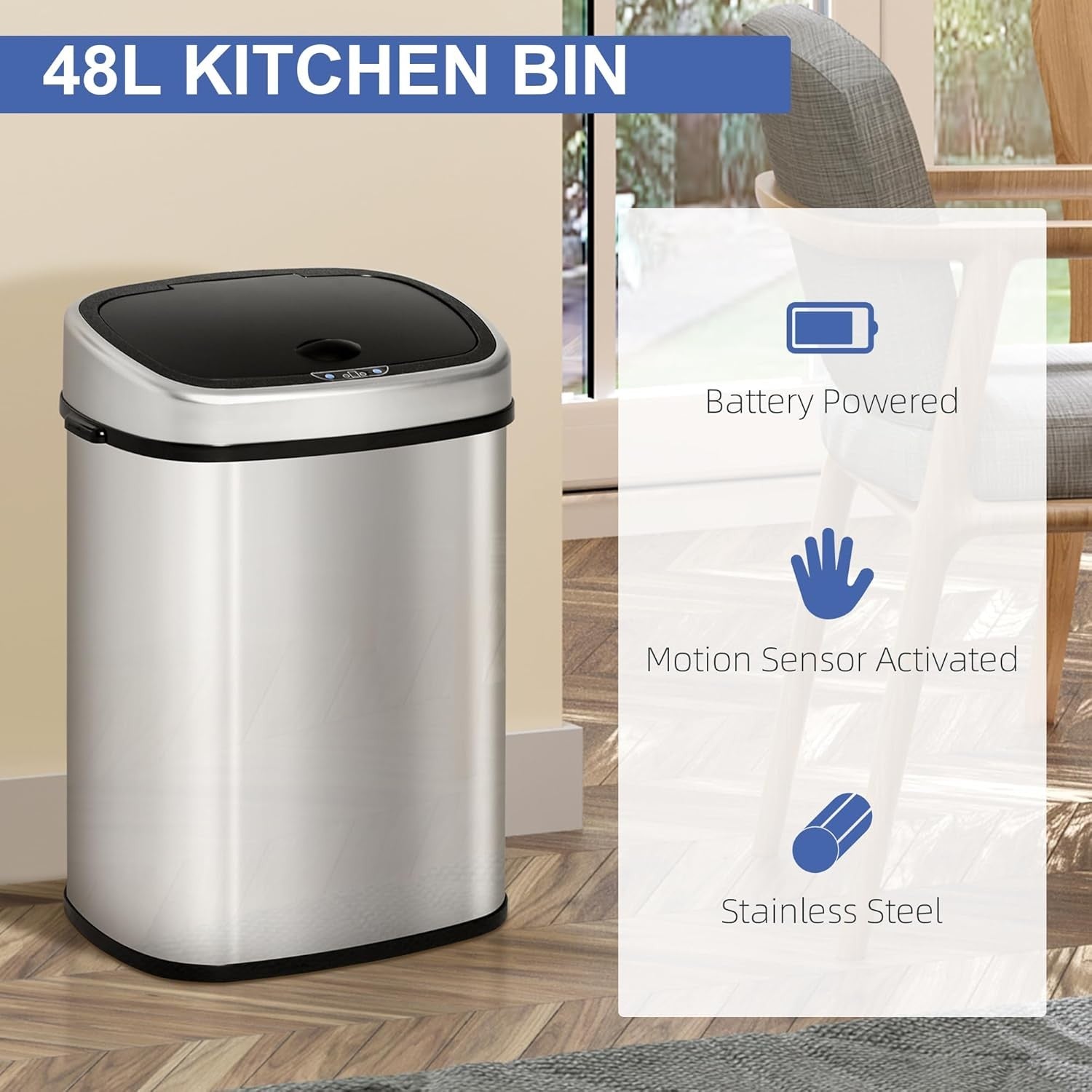 48L Sensor Kitchen Bin Touchless Stainless Steel Silver