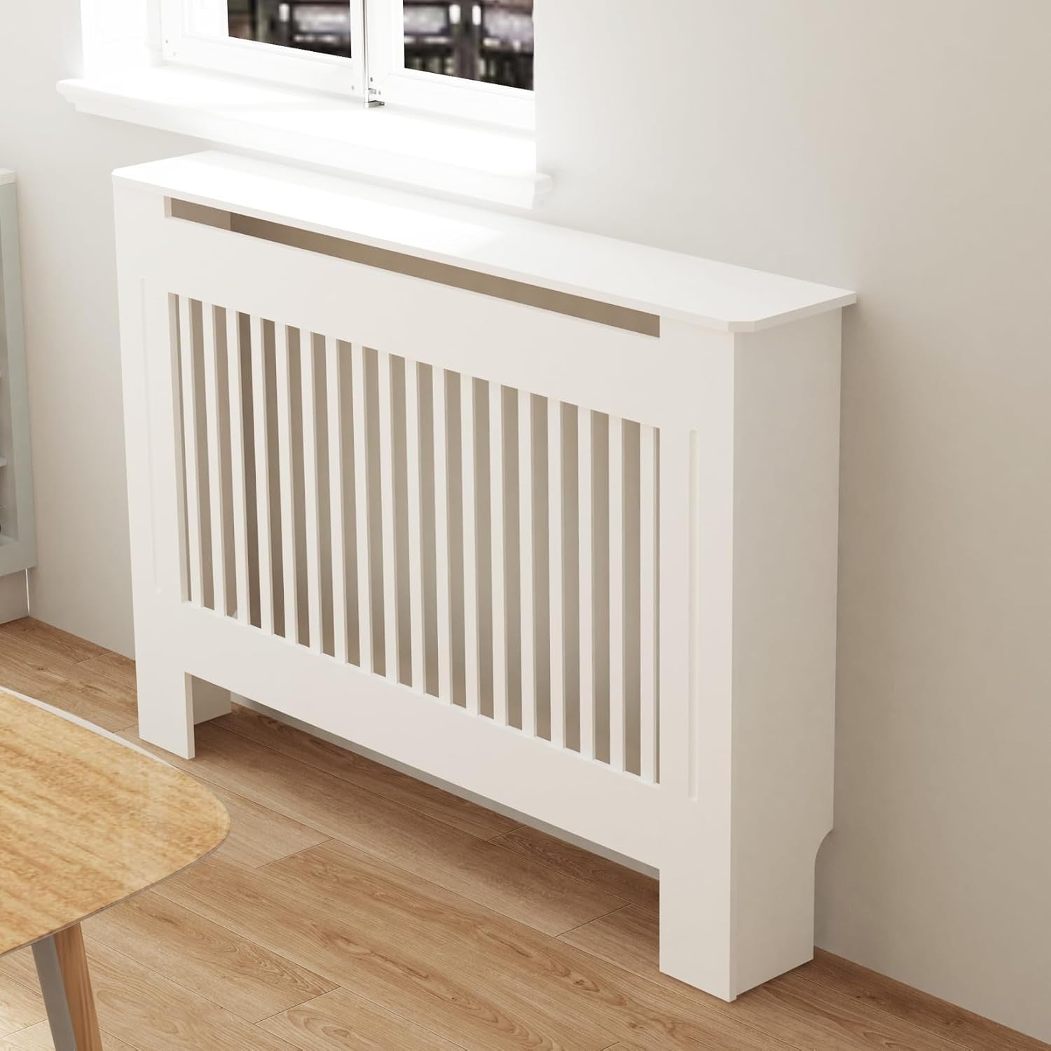 High Radiator Cover White MDF Cabinet | Vertical Slats Modern Shelf 111cm
