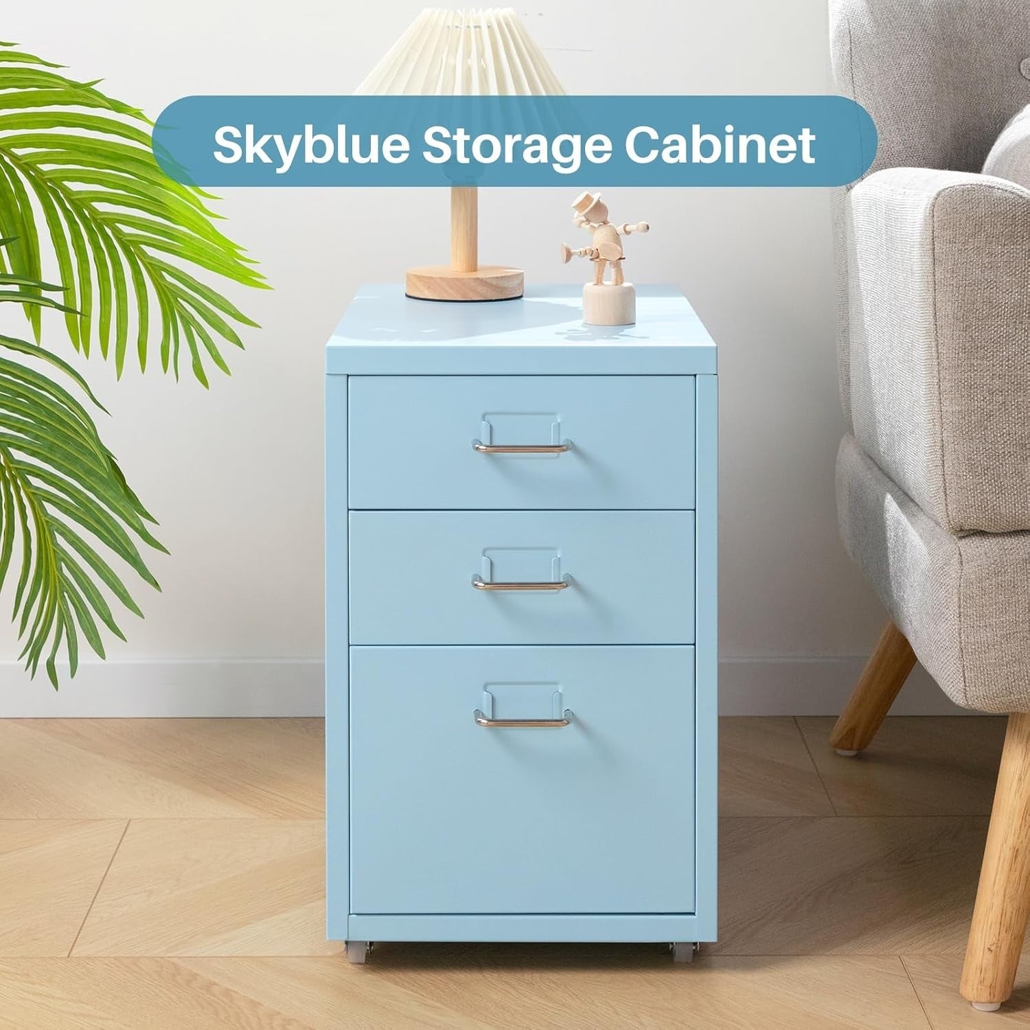 Light Blue Metal Rolling Drawer Unit 3 Tier Under Desk File Storage
