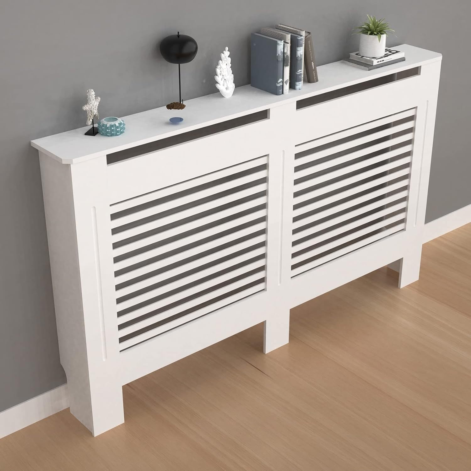 Radiator Cover White MDF Cabinet | Horizontal Slats Extra Large Shelf 152cm