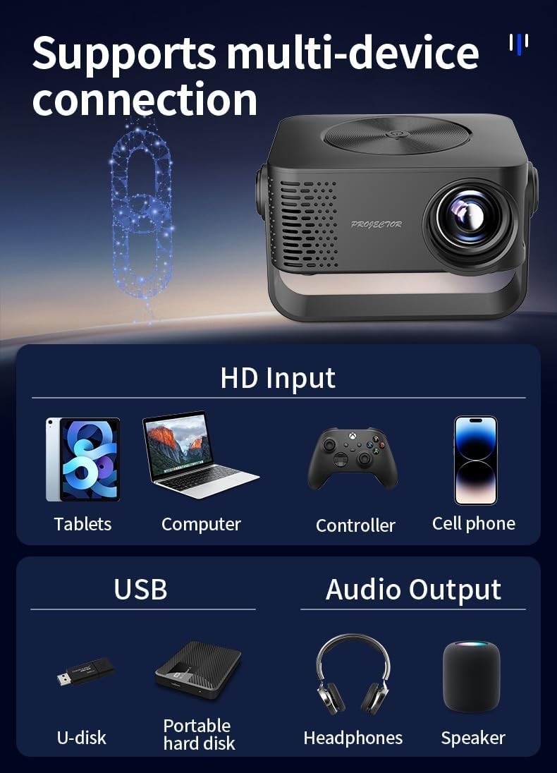 4K Mini Projector 1080P WiFi Portable 180° Home Outdoor Movie