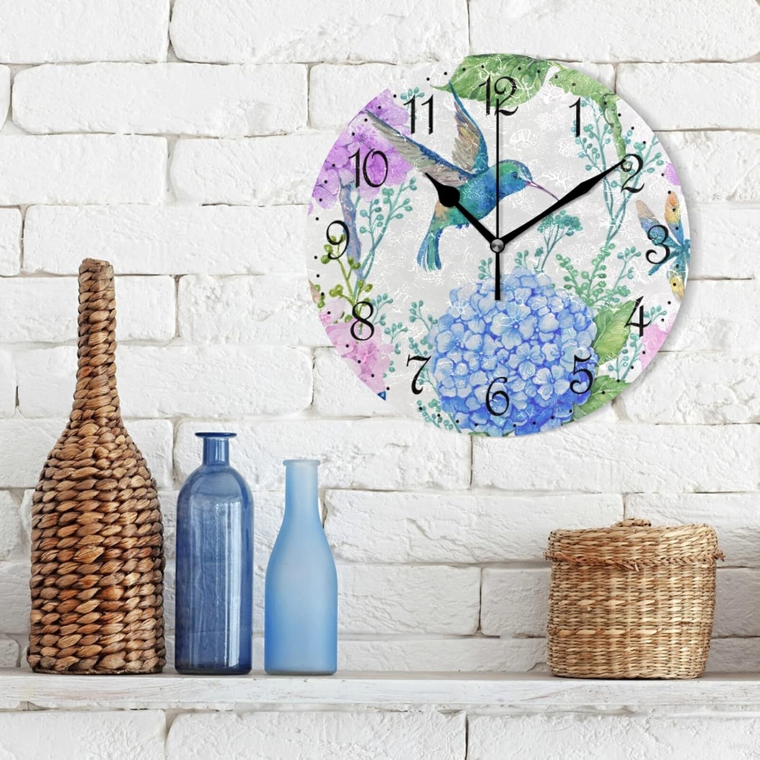 25cm Hummingbird Wall Clock – Silent Non-Ticking Watercolour Floral Decor