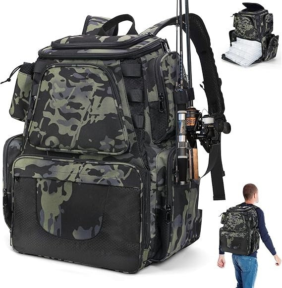 38L Fishing Tackle Backpack Waterproof with Rod Holder for Hiking & Travel