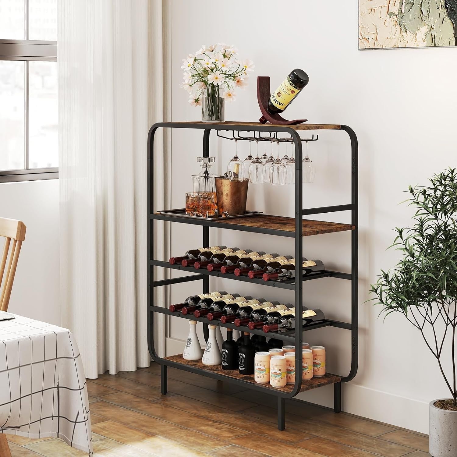 5 Tier Wine Rack Cabinet 16 Bottle Storage with Glass Holder Industrial Home Bar