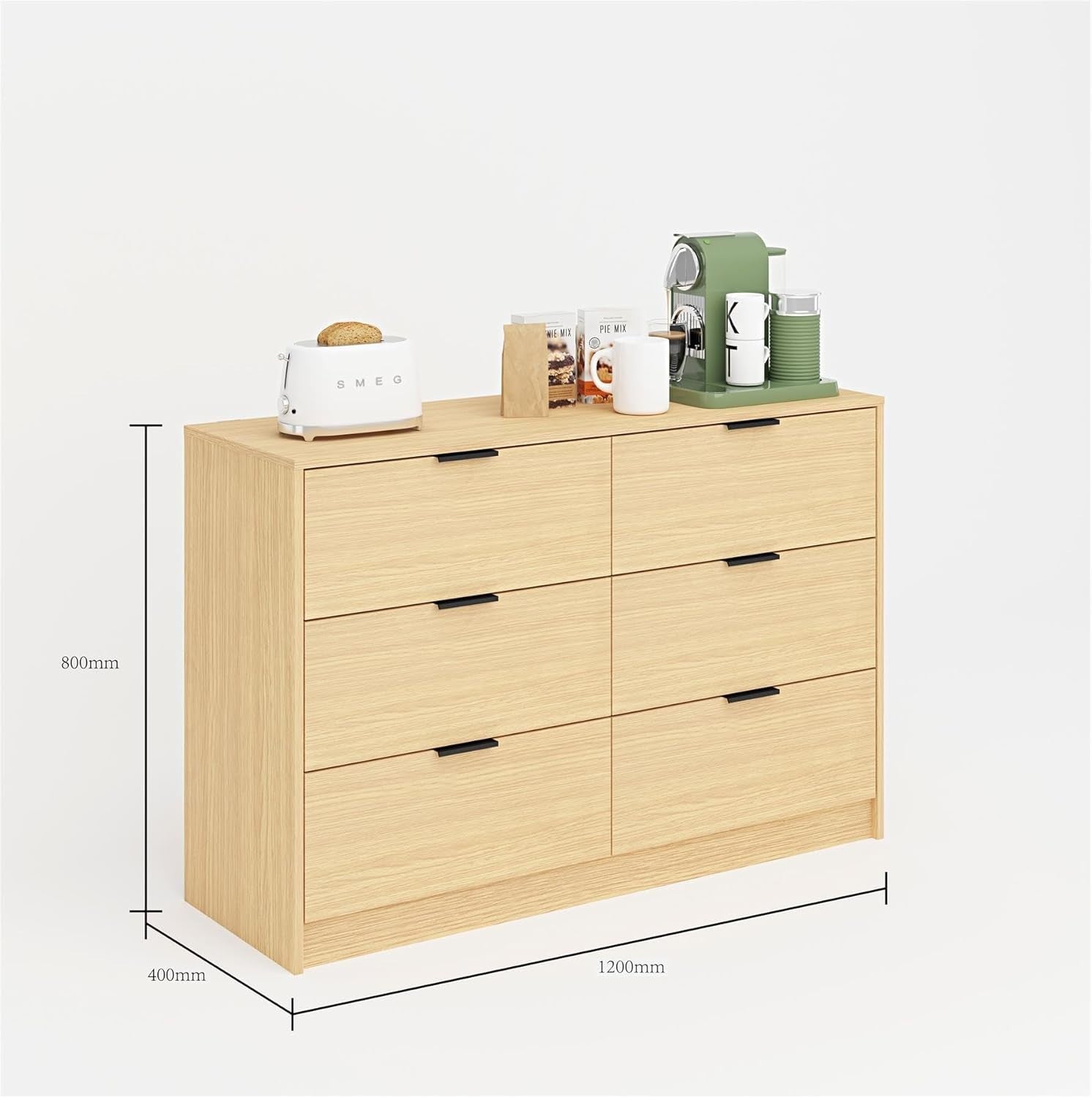Oak 6 Drawer Chest of Drawers Storage Cabinet Wide Modern Bedroom Unit