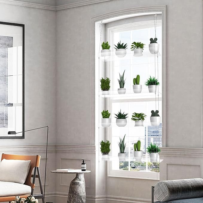4 Tier Hanging Clear Acrylic Plant Shelf Window Display Rack for Indoor Garden
