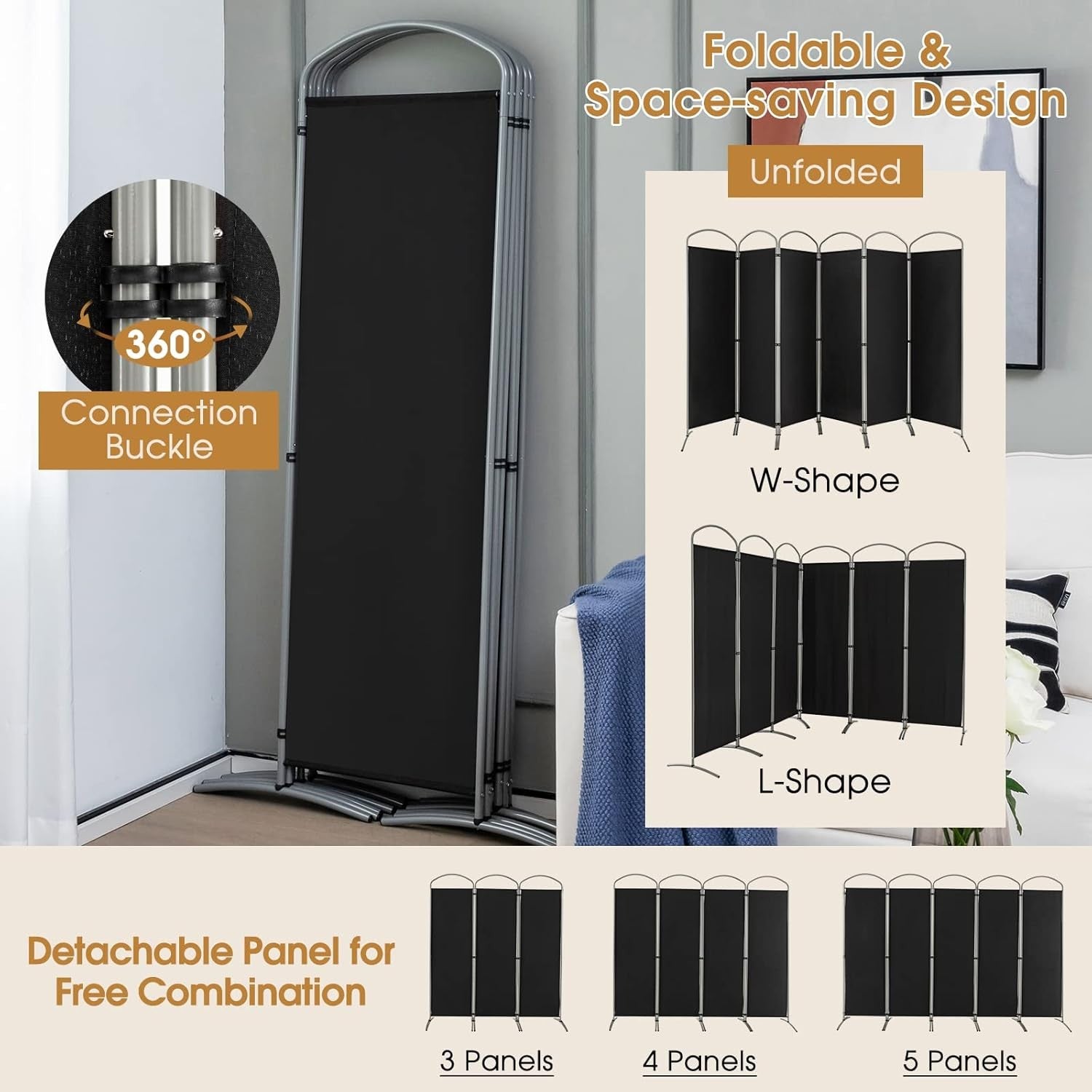 6 Panel Black Folding Room Divider Freestanding Privacy Screen Partition 331x188