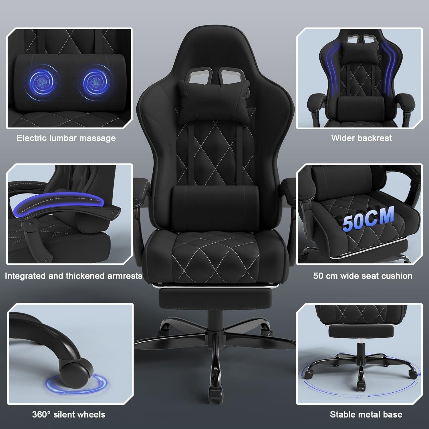 Ergonomic Fabric Gaming Chair Recliner w/ Footrest & Massage