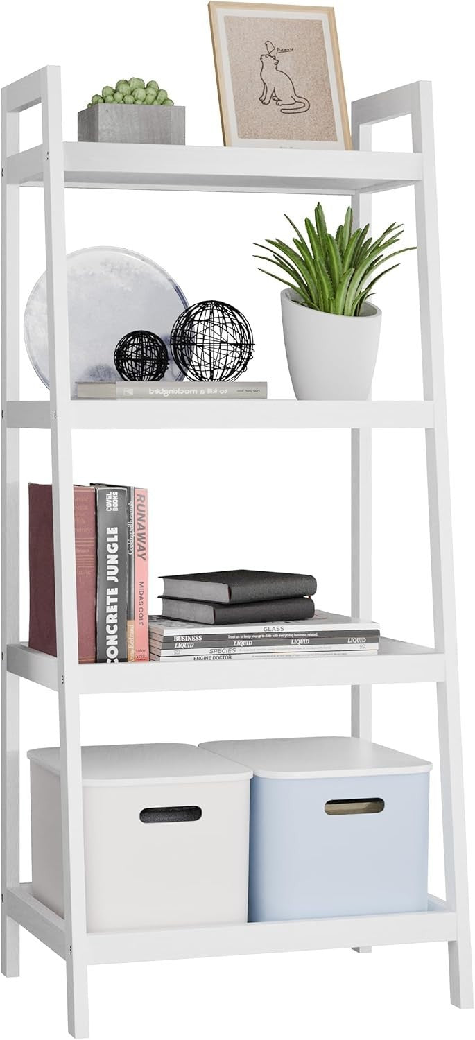 White Bamboo Ladder Shelf 4 Tier Freestanding Storage Rack Space Saver