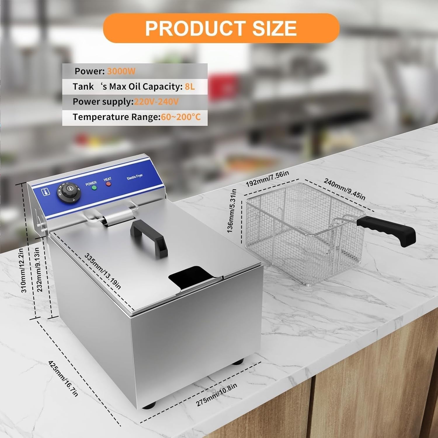 8L Commercial Deep Fat Fryer 3000W Stainless Steel Countertop
