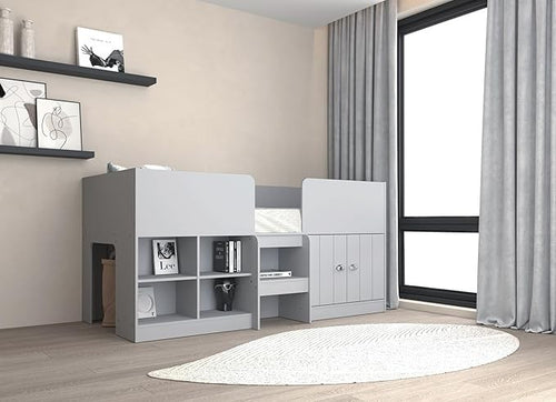 Kids Single Low Sleeper Bed with Storage Cupboards Shelves Grey 3ft
