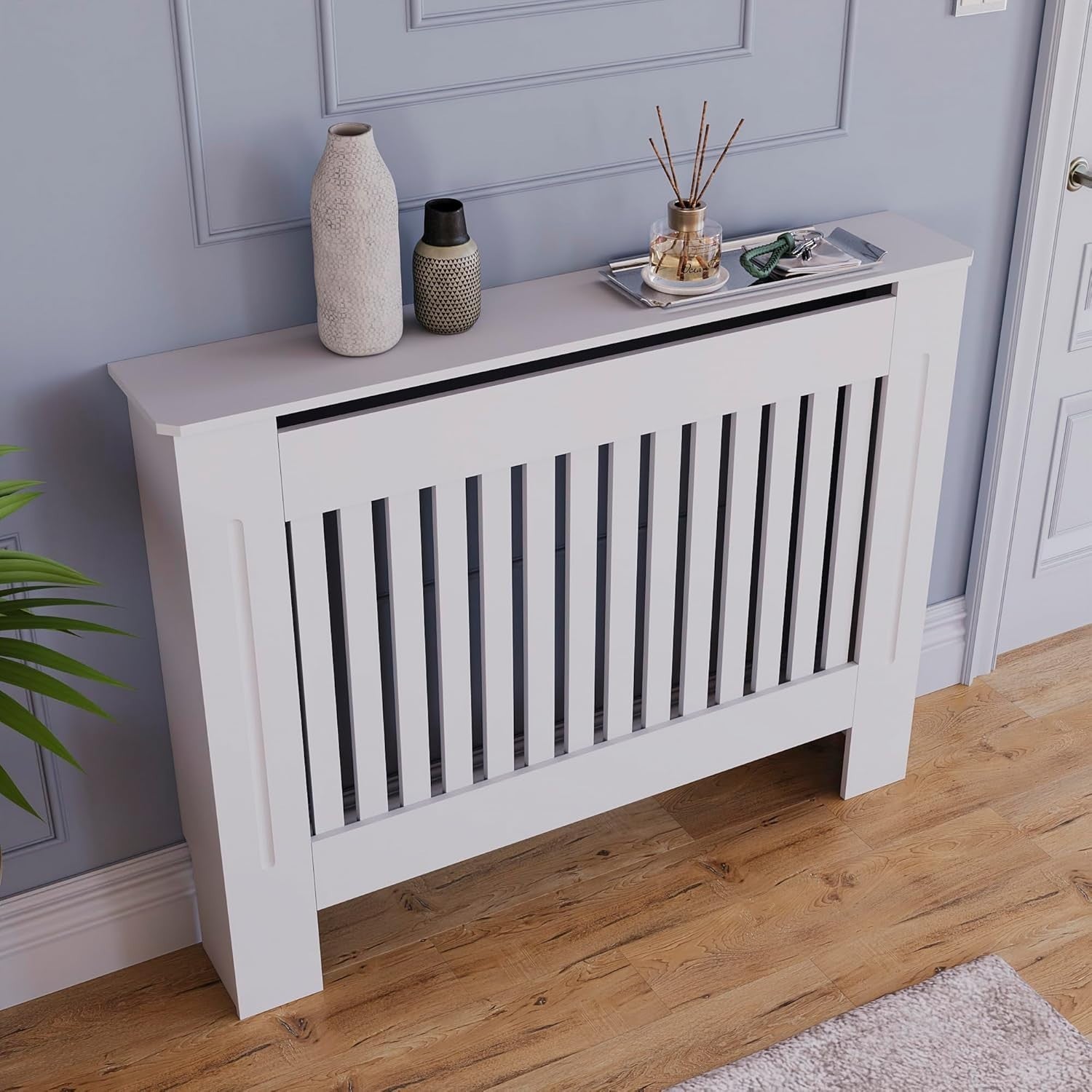 Medium White Radiator Cover Cabinet | Modern MDF Slatted Heater Cover with Shelf