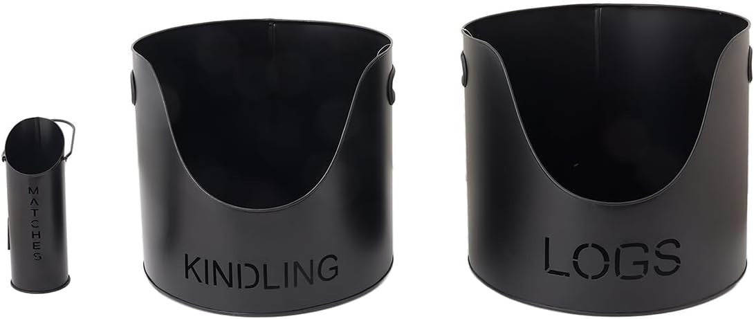 Wood Buckets & Matchstick Holder Fireside Set – Durable Metal, Modern Style