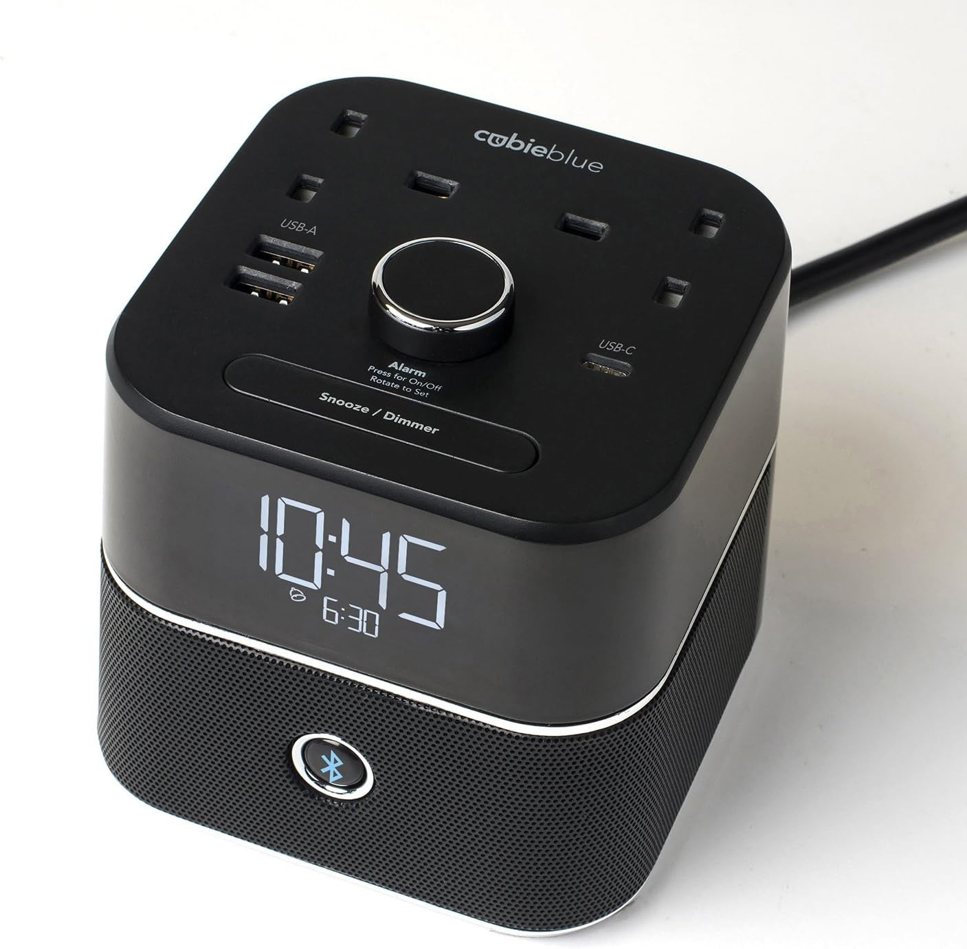 Black Digital Alarm Clock Bluetooth Speaker Dual USB-C USB-A Charging Hub