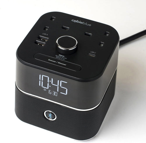 Black Digital Alarm Clock Bluetooth Speaker Dual USB-C USB-A Charging Hub