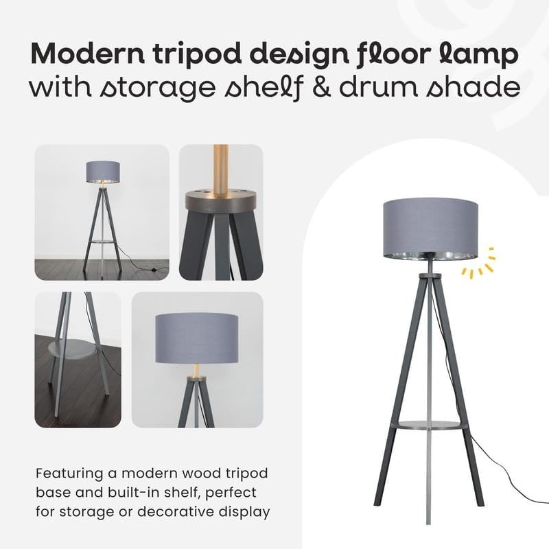 Wood Tripod Floor Lamp with Shelf & White Drum Shade | E27 LED | Modern Loft