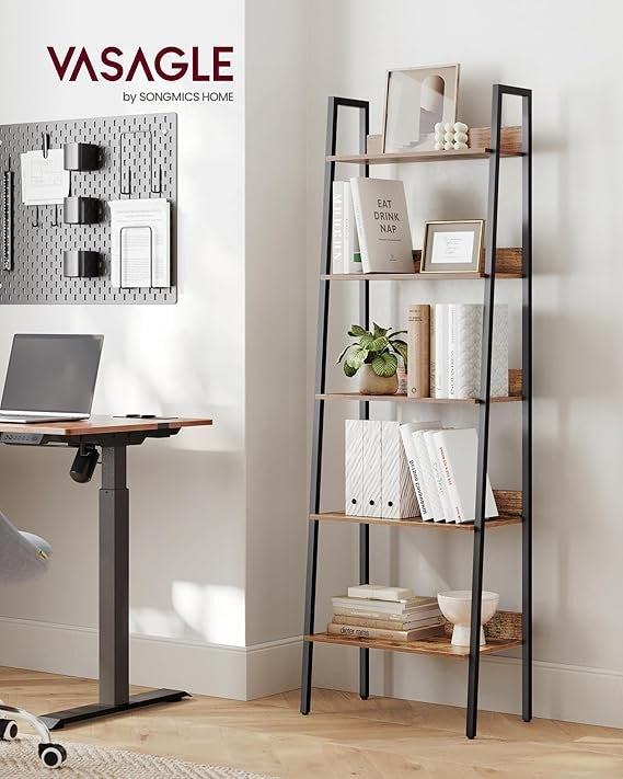 5-Tier Industrial Ladder Shelf Rustic Brown Metal Frame Freestanding Bookcase