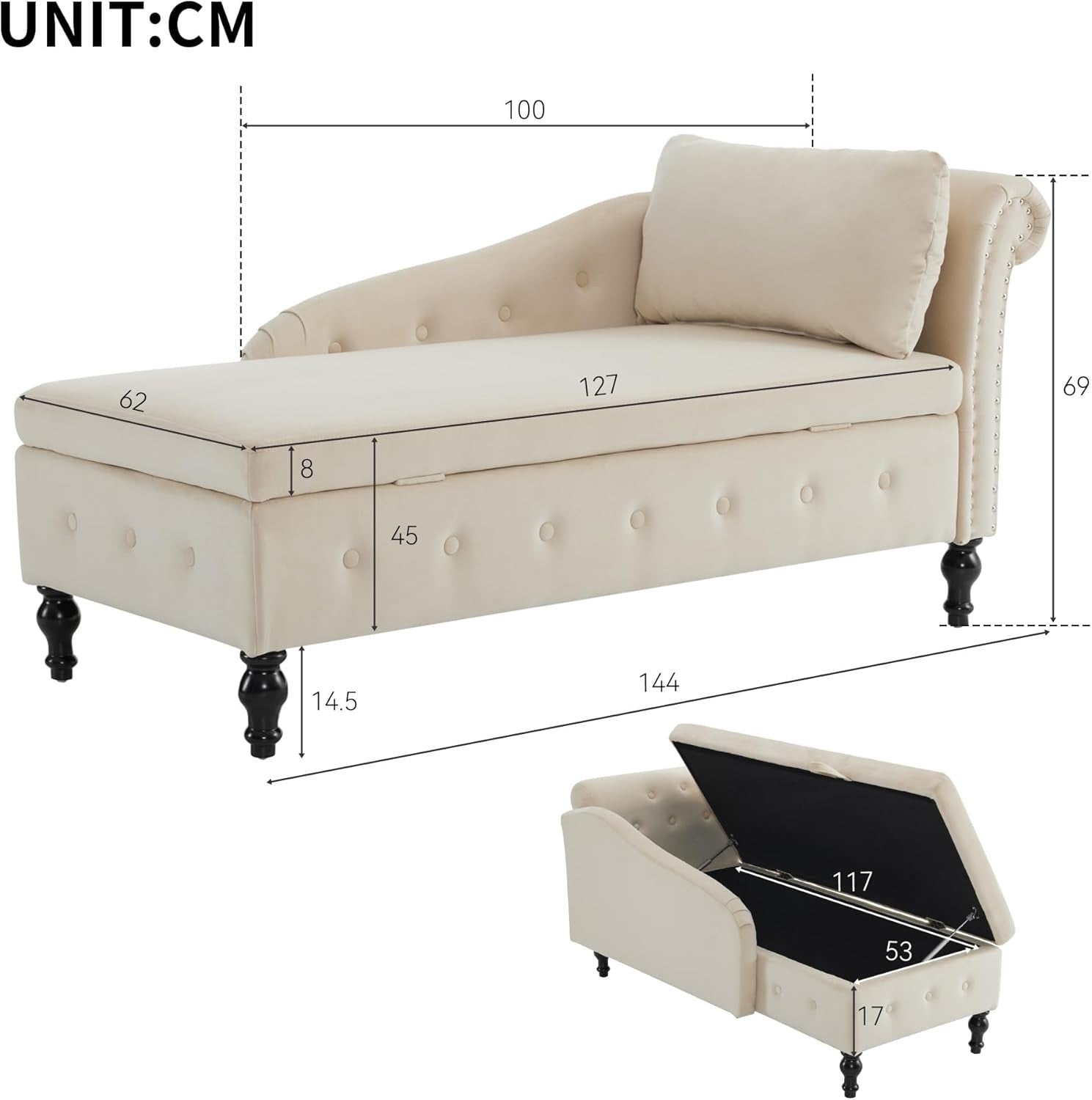 Chaise Lounge Sofa with Storage Button Tufted Velvet Ergonomic Couch