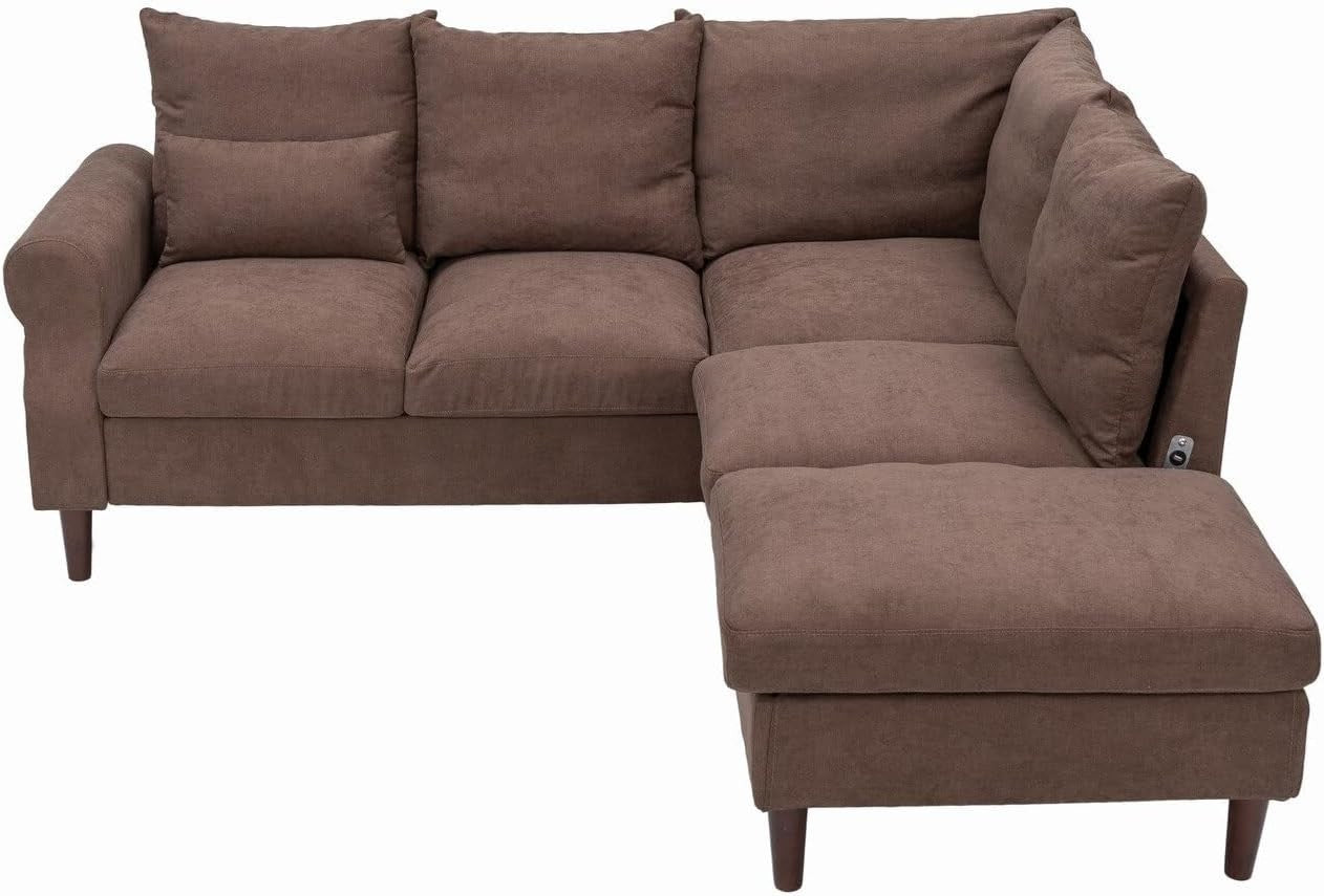 5 Seater Corner Sofa w/ Chaise & USB Charging Port – Brown Linen, Left Arm