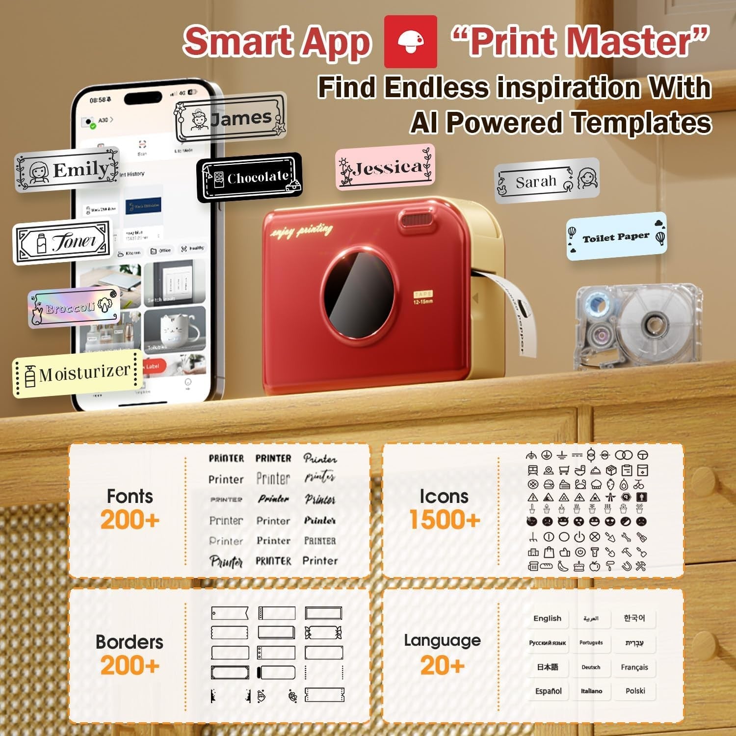 Mini Bluetooth Label Printer Portable Thermal Sticker Maker for Home Office