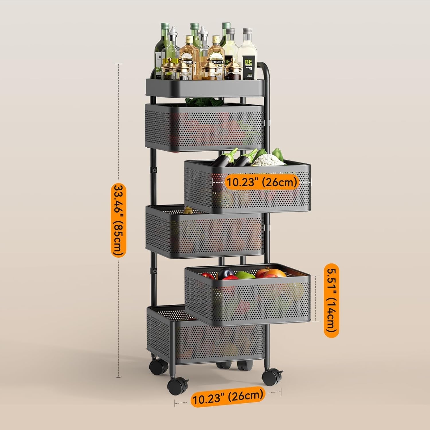 5 Tier Rotating Kitchen Trolley on Wheels Square Storage Rack Pantry Organiser