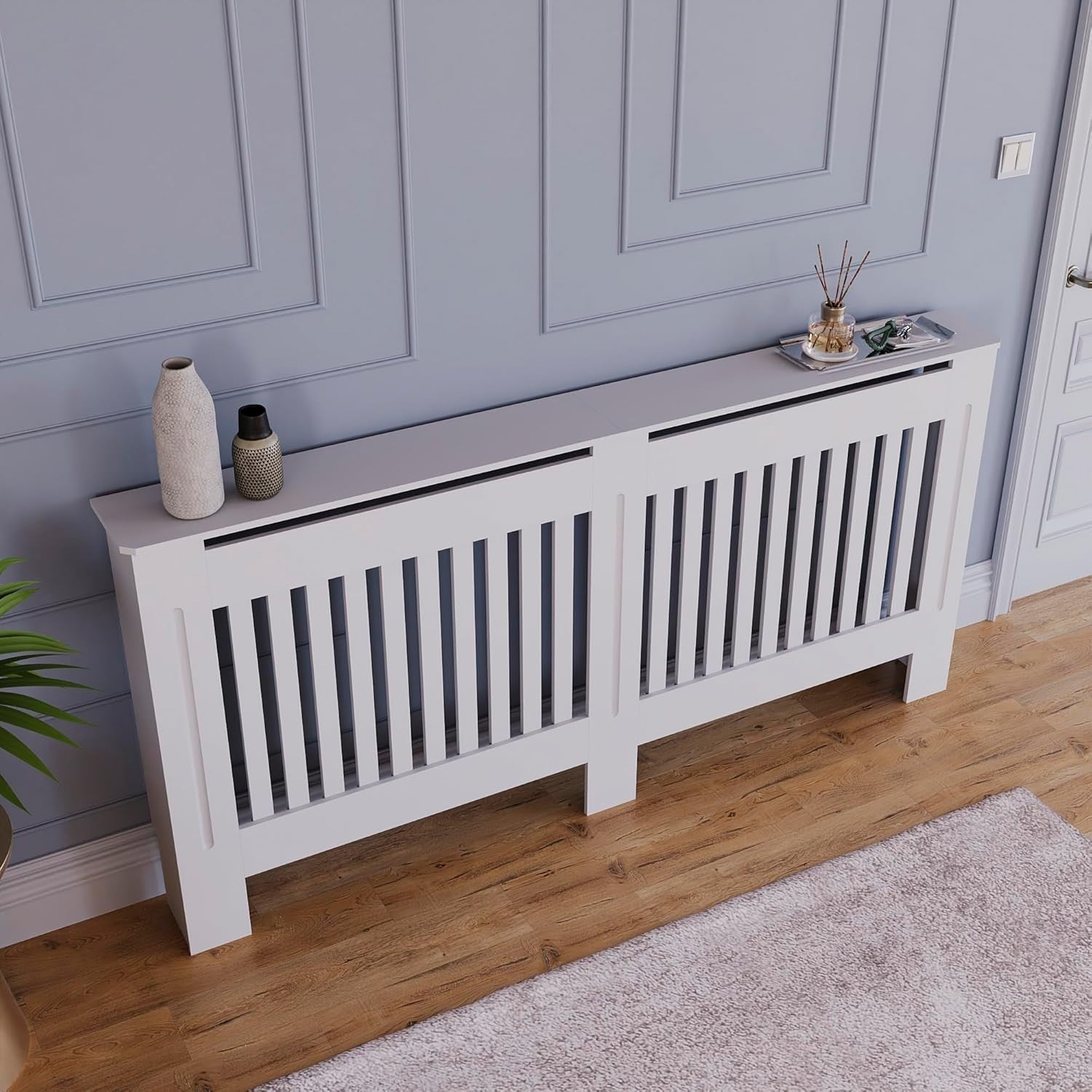 Extra Large White Radiator Cover | Modern Slatted MDF Heating Cabinet with Shelf