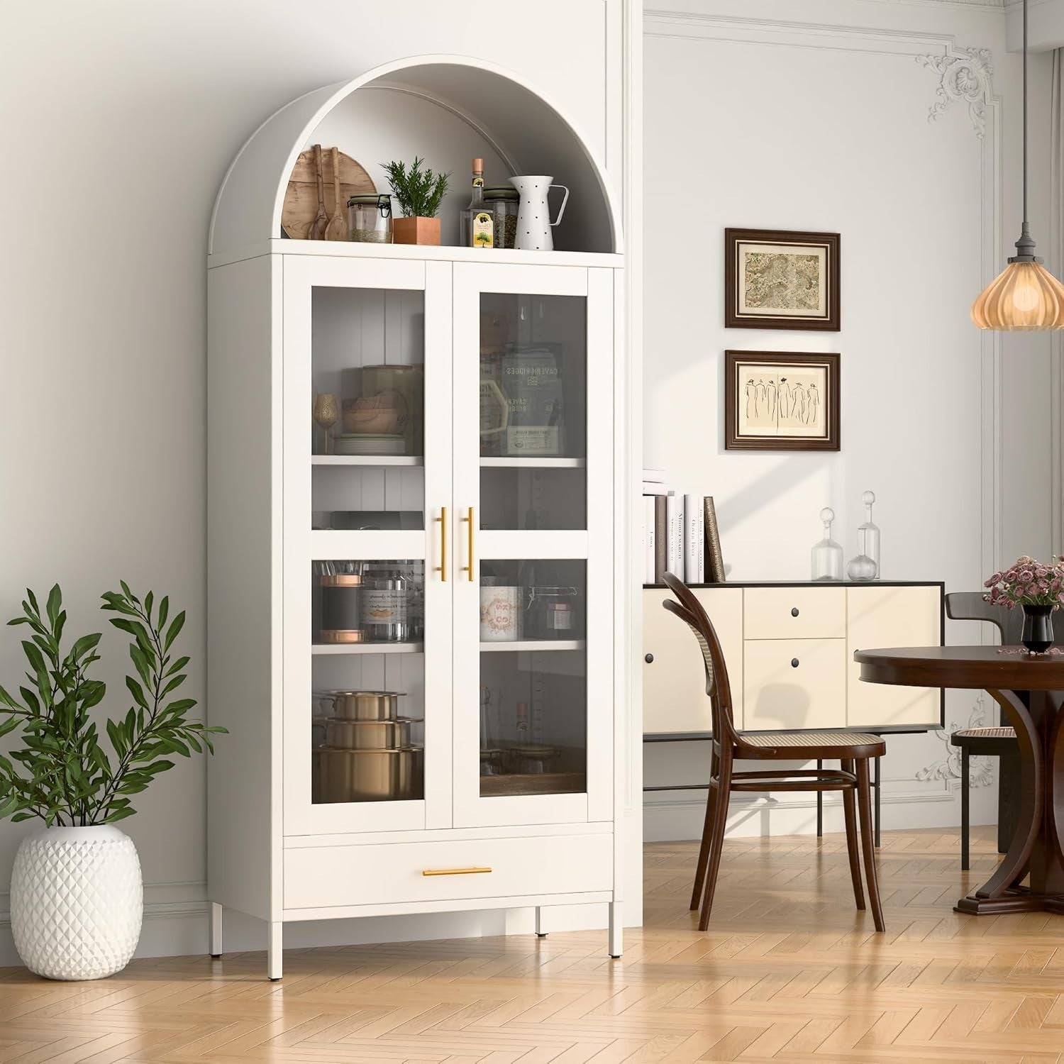 185cm Metal Arched Storage Cabinet White | Glass Doors & Drawer